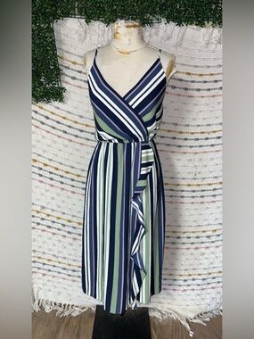 LOFT Striped Navy, Olive, White & Mauve  Midi Dress